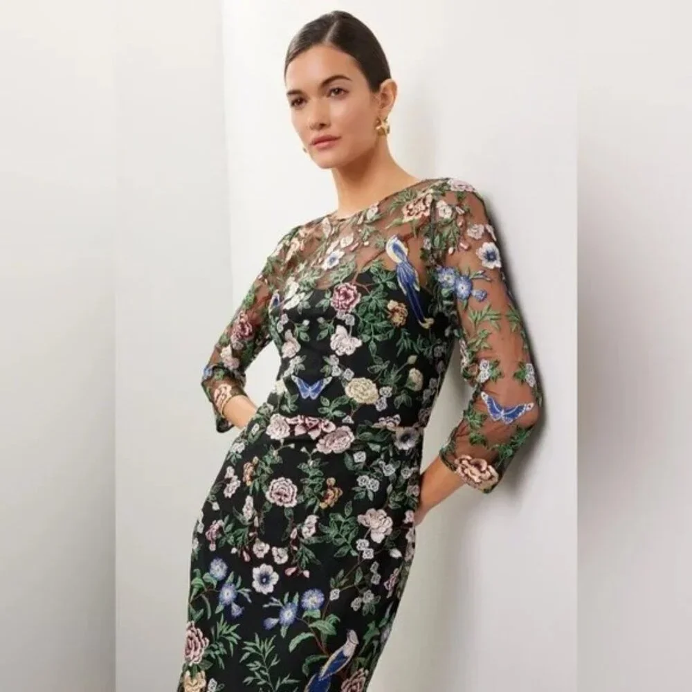 NWT Marchesa Notte Floral Embroidered On Tulle Midi Dress Size 10 - Picture 5 of 8